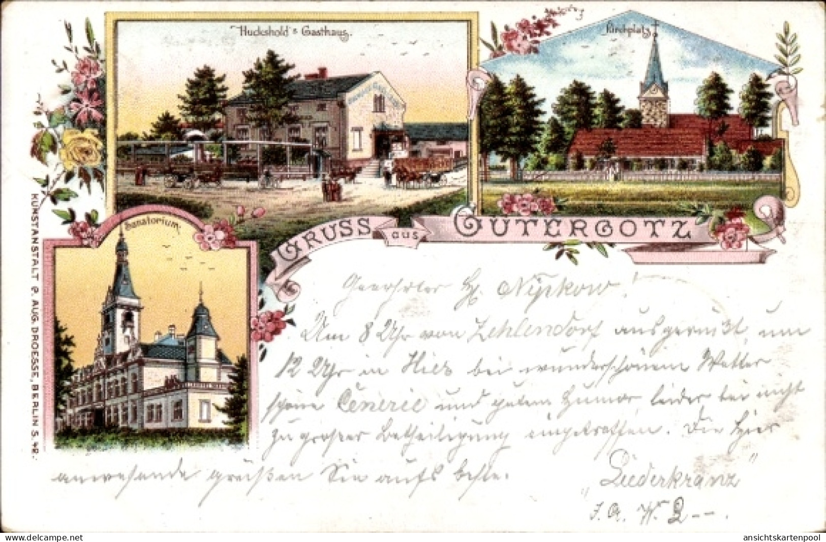Lithographie Güterfelde Stahnsdorf in Brandenburg, Gütergotz, Huckshold's Gasthaus, Sanatorium, Kirchplatz