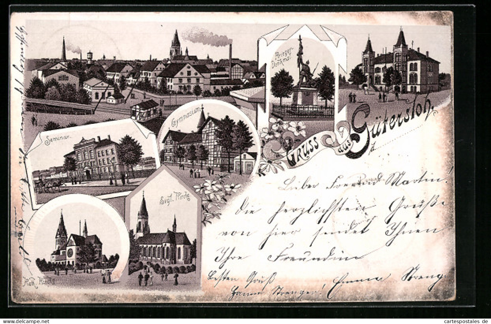 Lithographie Gütersloh, Ortsansicht, Kriegerdenkmal, Seminar, Gymnasium