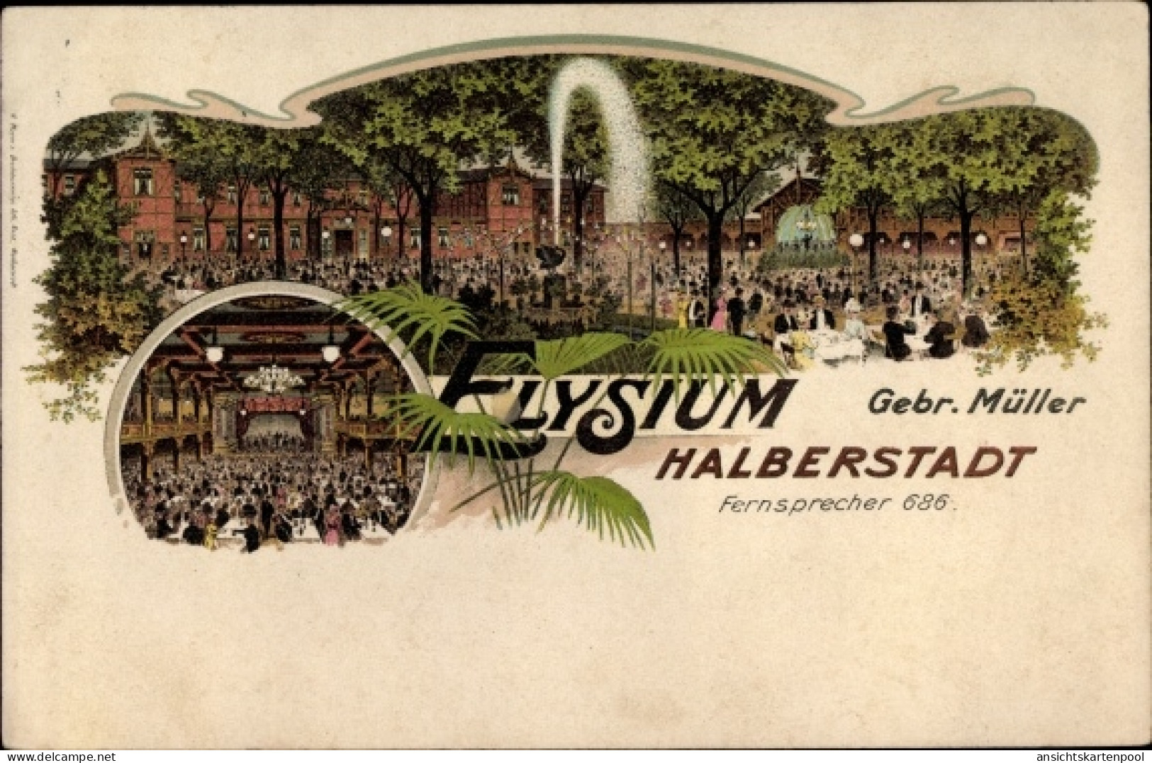 Lithographie Halberstadt Saxe Anhalt, Gasthaus Elysium
