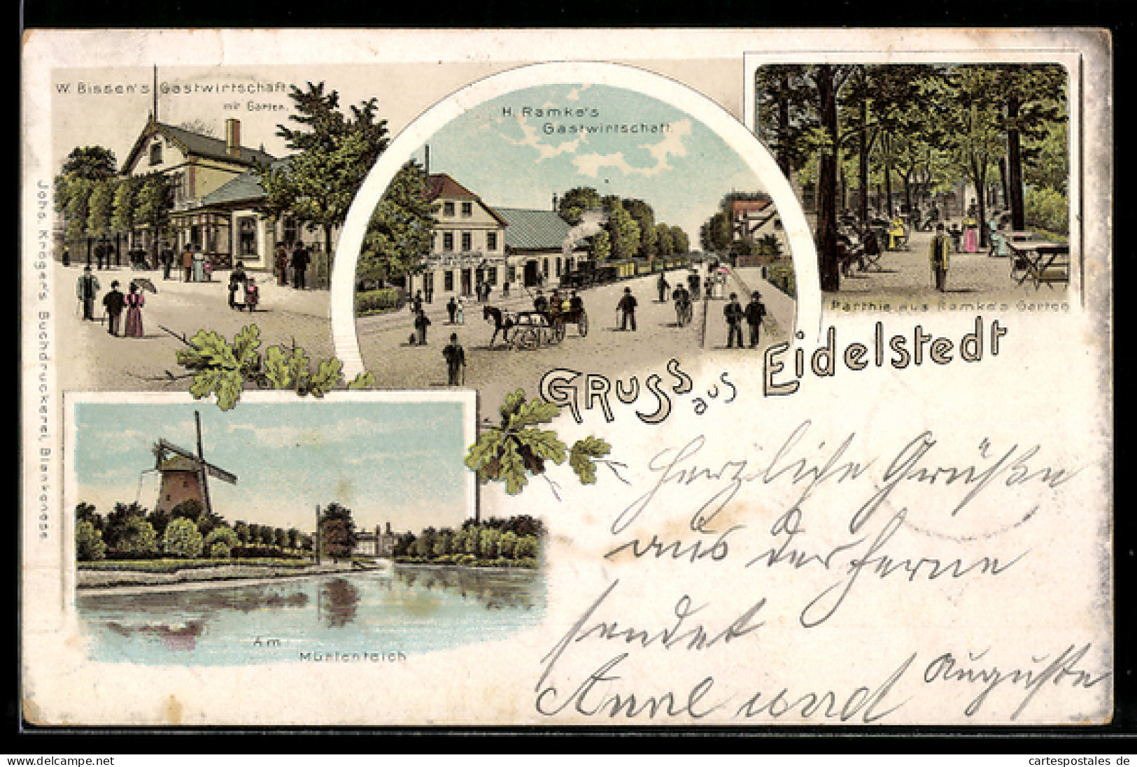 Lithographie Hamburg-Eidelstedt, W. Bissen`s Gasthaus, H. Ramke`s Gasthaus, Windmühle am Mühlenteich