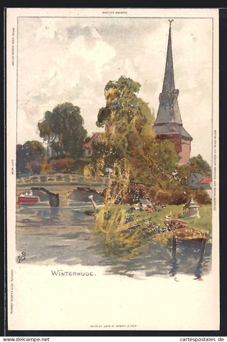 Lithographie Hamburg-Winterhude, Ortspartie mit Brücke