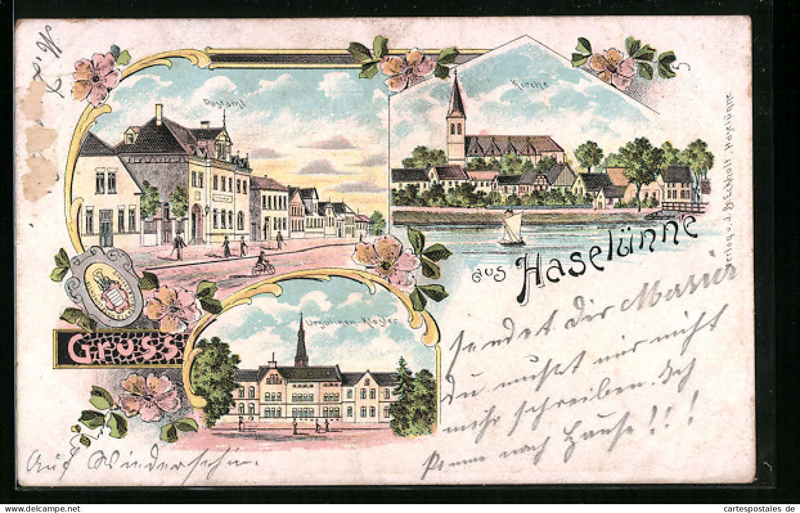 Lithographie Haselünne, Ursulinen-Kloster, Postamt, Kirche