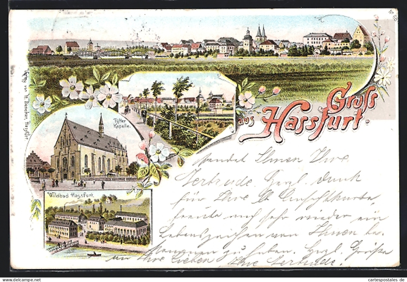 Lithographie Hassfurt, Wildbad Hassfurt, Ritter-Kapelle, Ortspartie