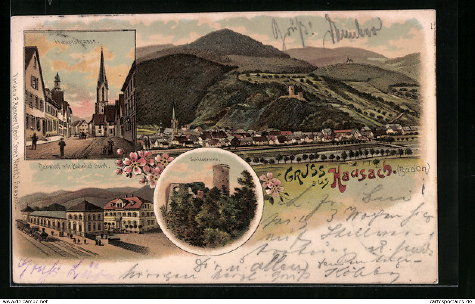 Lithographie Hausach /Baden, Hauptstrasse, Bahnhof mit Hotel, Schlossruine