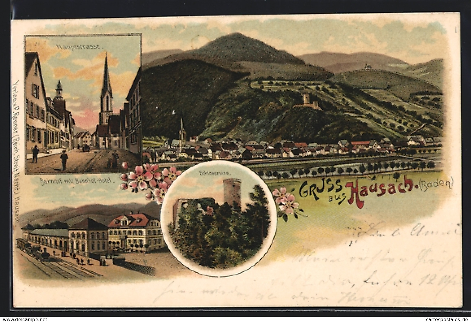 Lithographie Hausach, Hauptstrasse, Bahnhof mit Bahnhof-Hotel, Totalansicht, Schlossruine