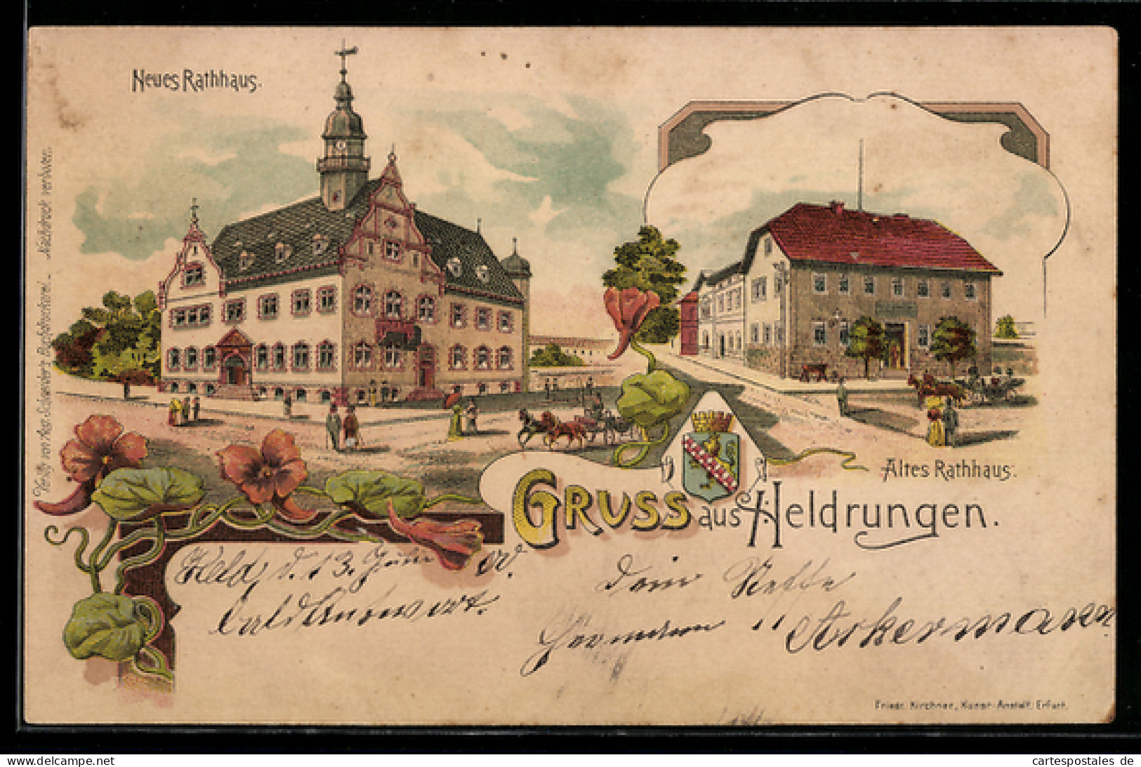 Lithographie Heldrungen, Neues und altes Rathaus
