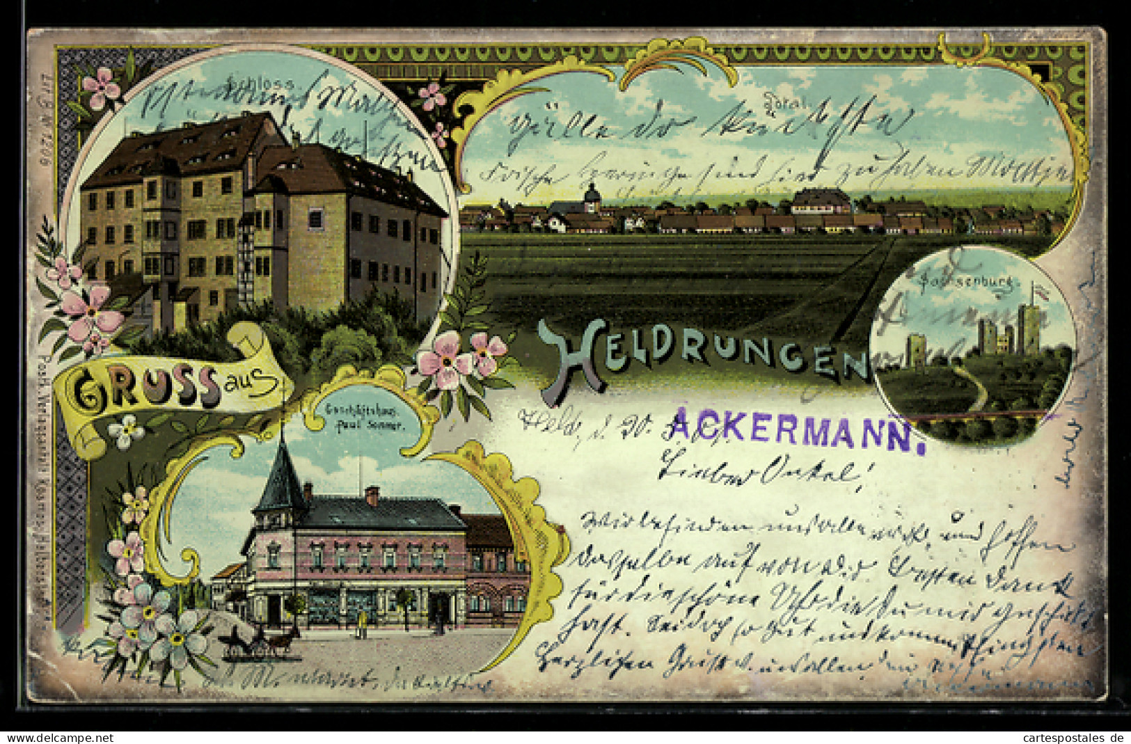 Lithographie Heldrungen, Schloss, Sachsenburg, Geschäftshaus Paul Sommer & Ortsansicht