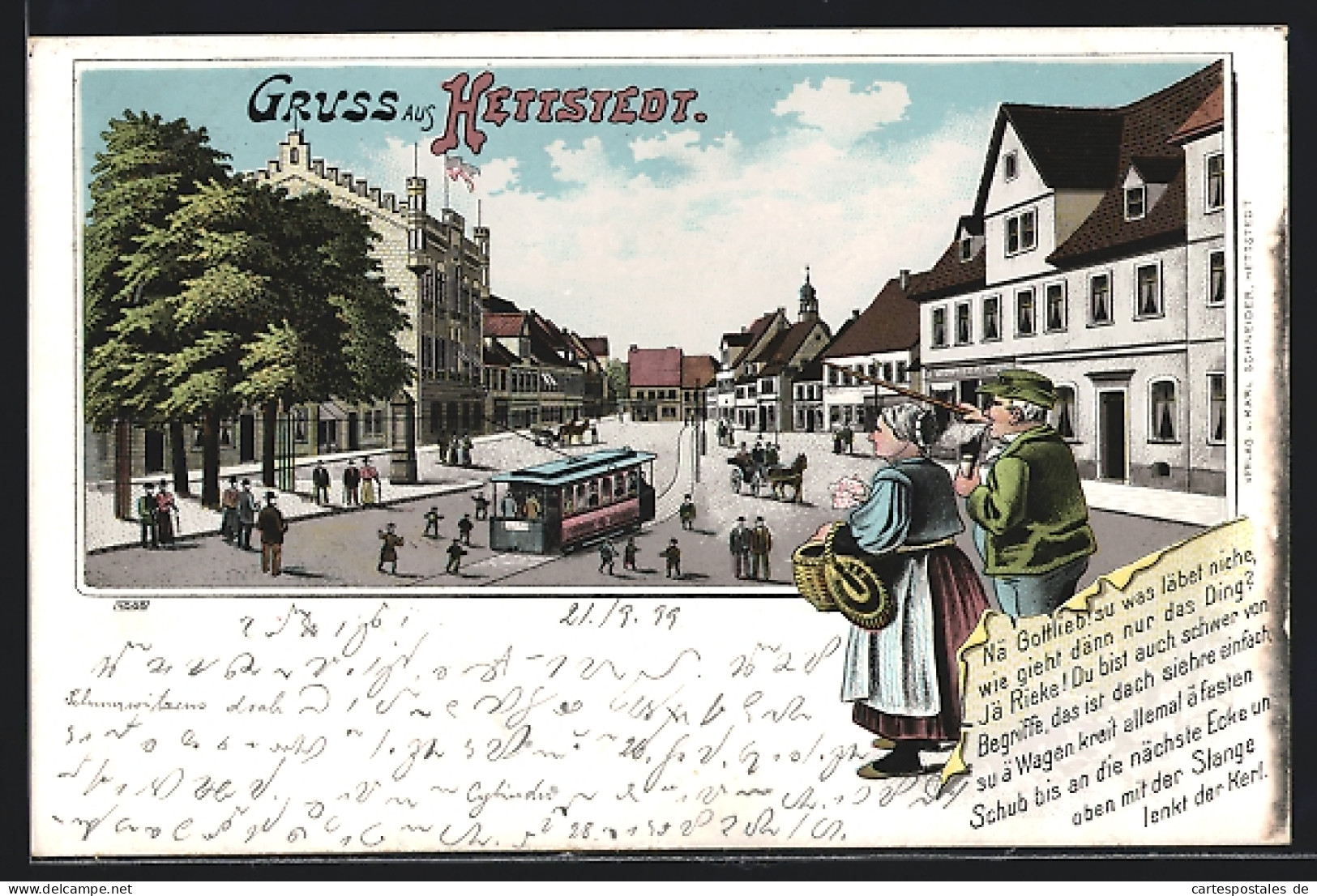 Lithographie Hettstedt, Strassenpartie mit Strassenbahn
