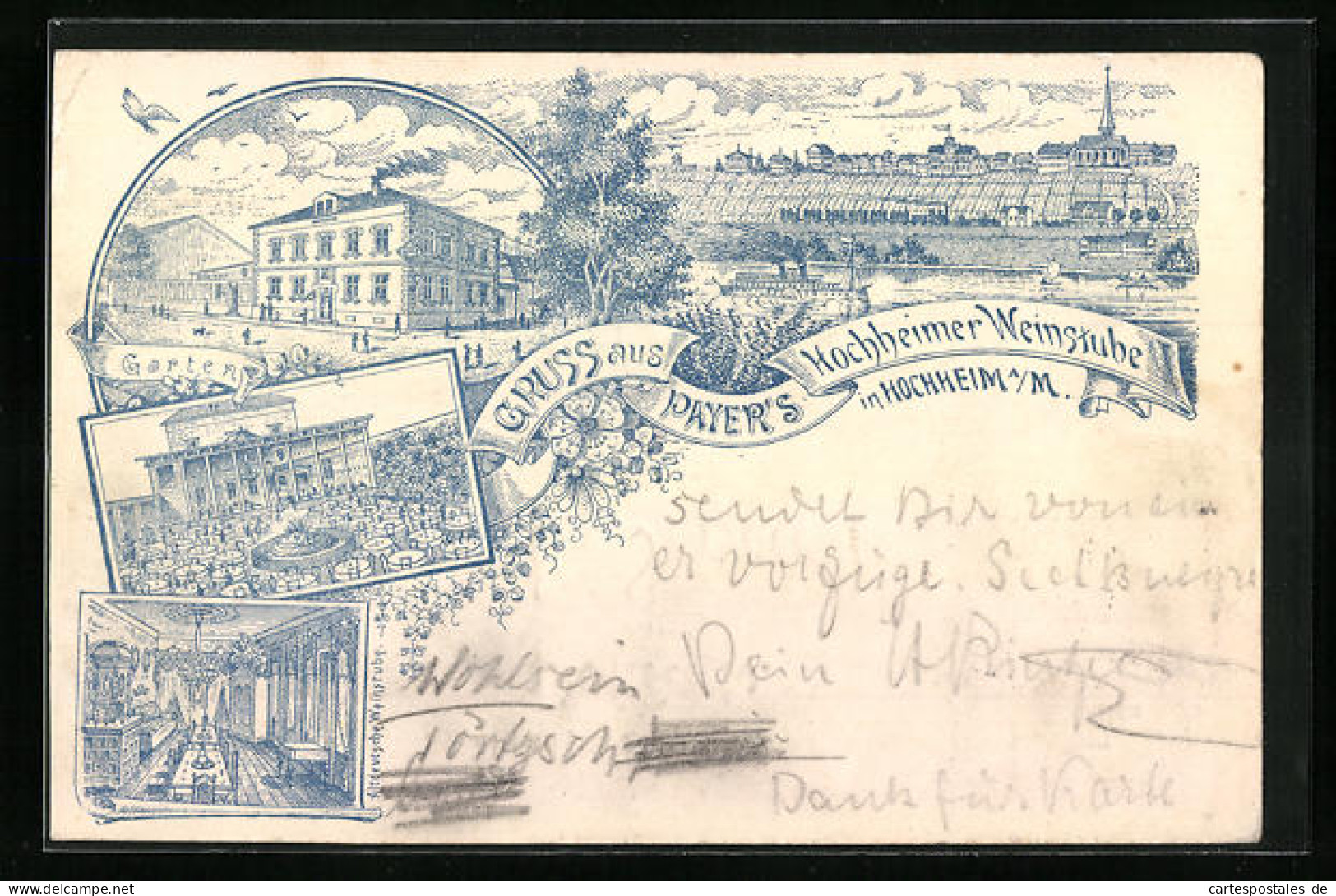 Lithographie Hochheim a. M., Gasthaus Hochheimer Weinstube und Ortspanorama