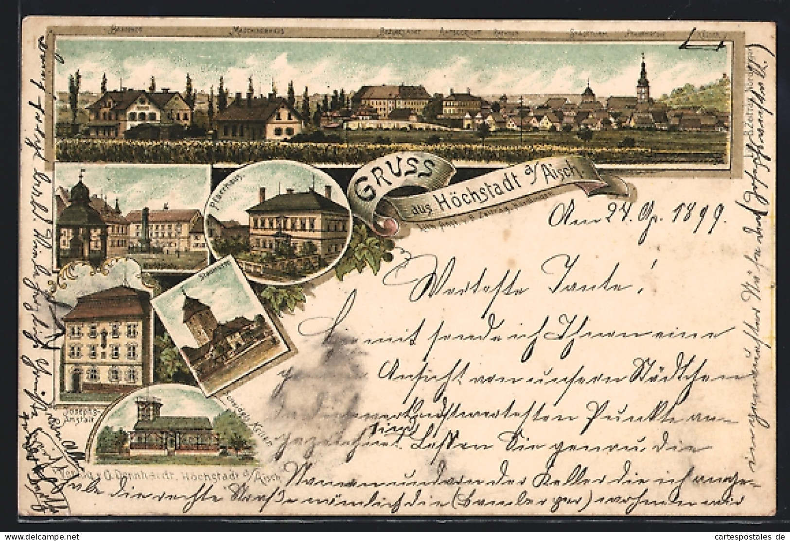 Lithographie Höchstadt a. Aisch, Gasthaus Scheidels Keller, Josephs-Anstalt, Stadtturm