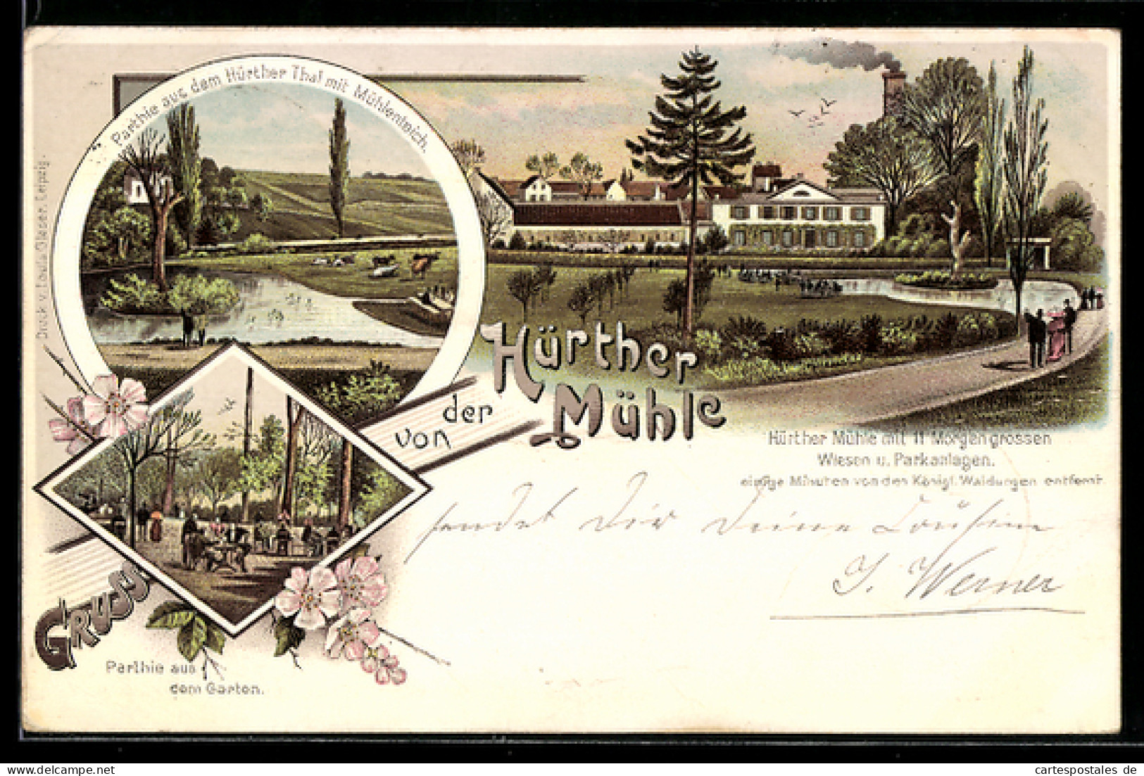 Lithographie Hürth, Hürther Mühle mit Wiesen u. Parkanlagen, Gartenpartie, Partie im Hürther Tal mit Mühlenteich