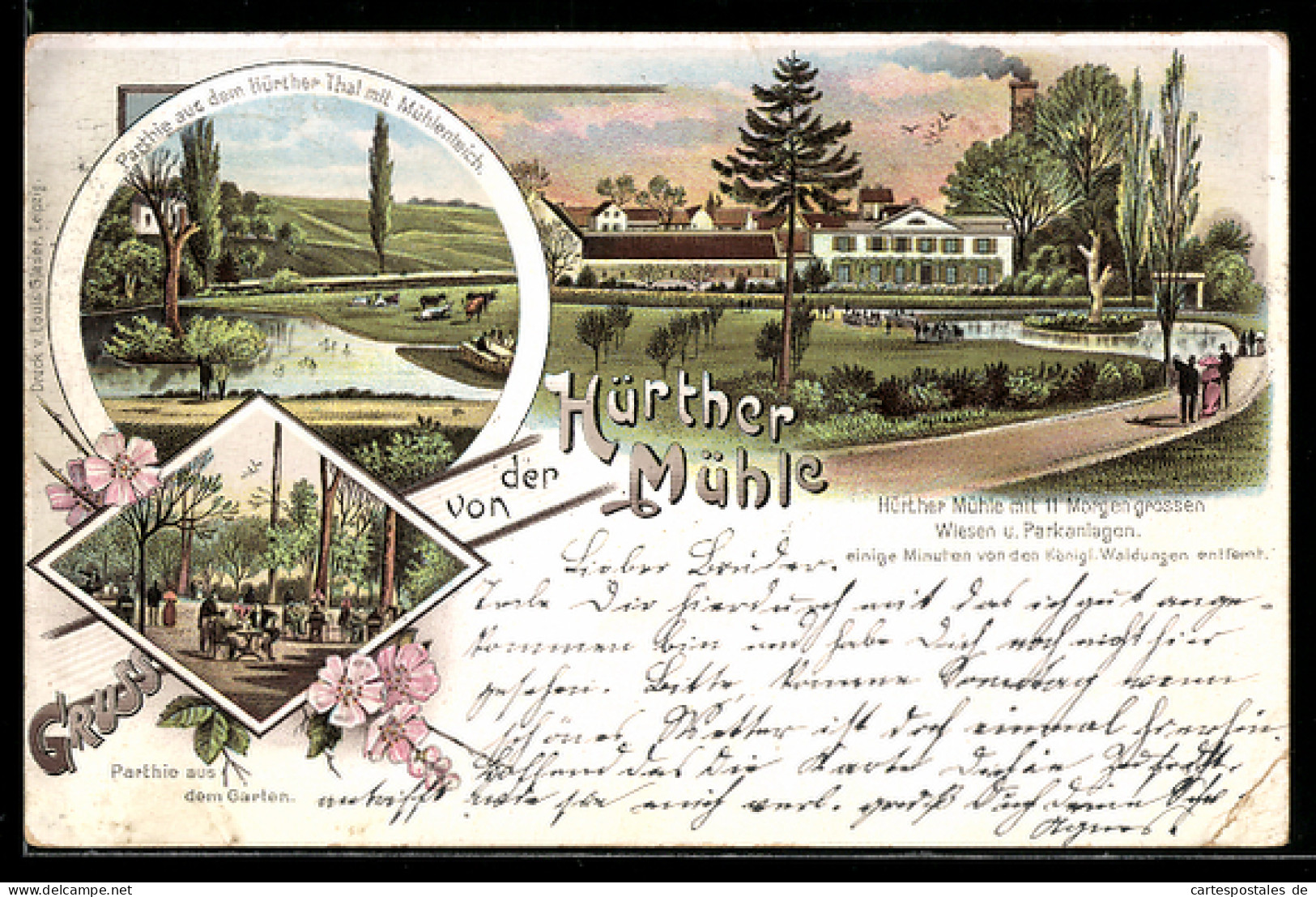 Lithographie Hürth, Hürther Mühle, Partie aus dem Garten, Parthie aus dem Hürther Thal mit Mühlenteich