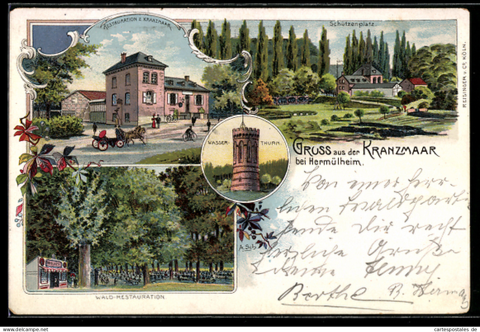 Lithographie Hürth-Knapsack, Restaurant z. Kranzmaar, Schützenplatz, Wasserturm