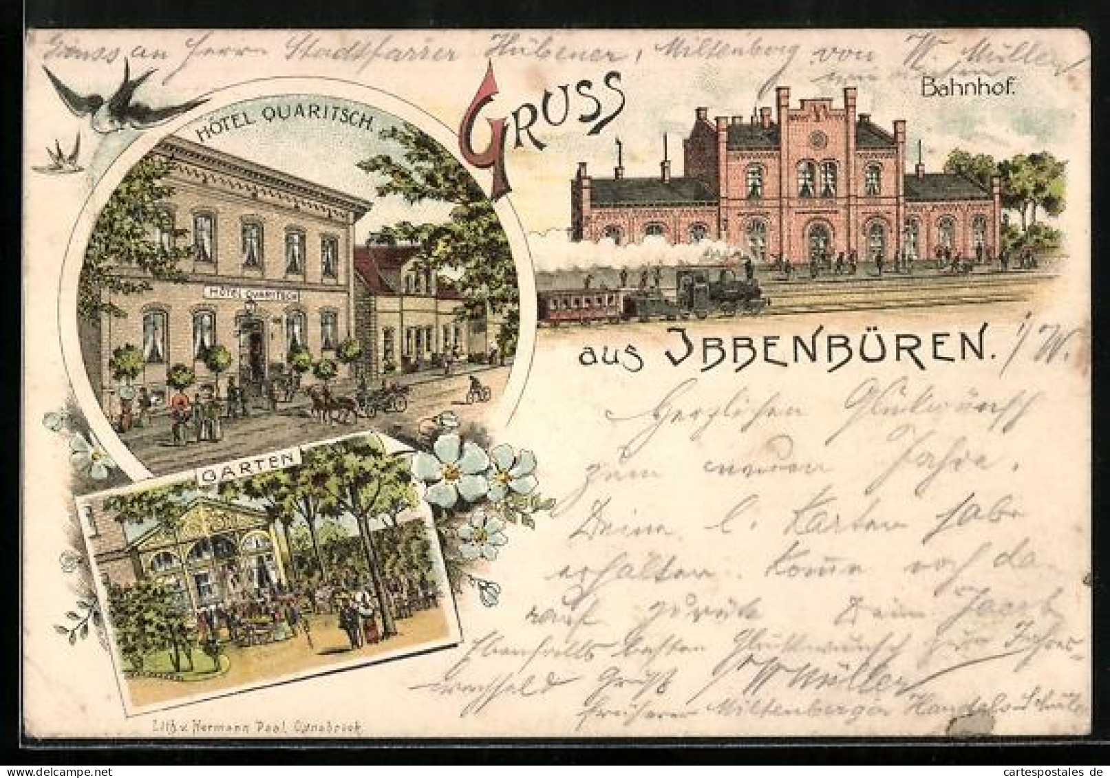 Lithographie Ibbenbüren, Hotel Quaritsch, Garten, Bahnhof