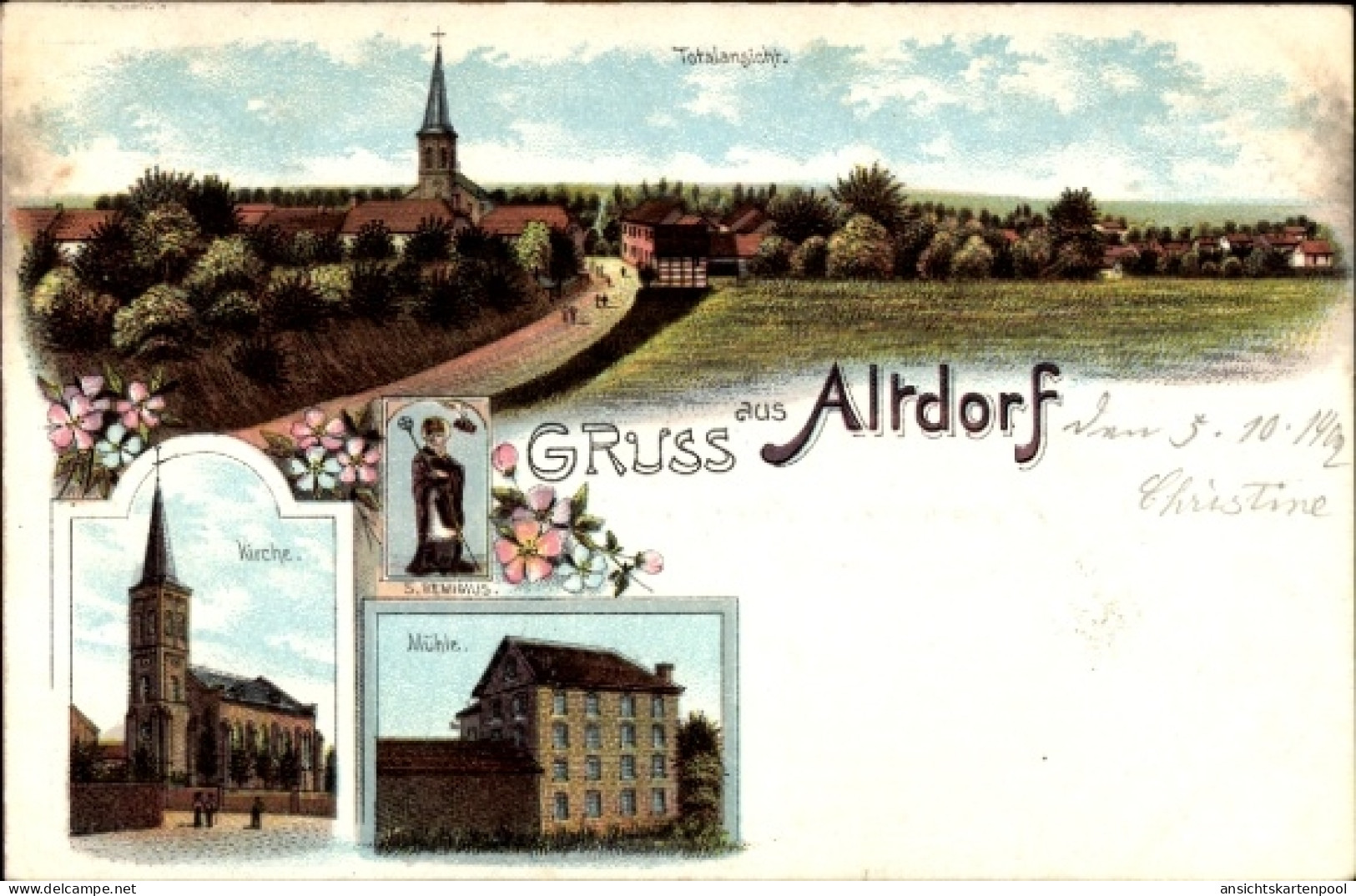 Lithographie Inden Altdorf im Rheinland, Gesamtansicht, Kirche, Mühle