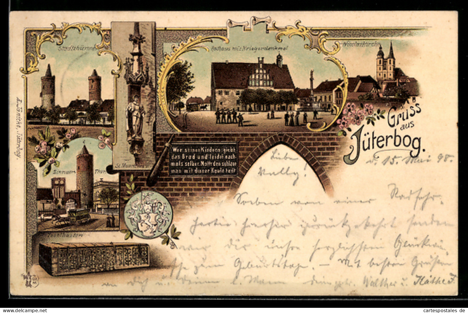 Lithographie Jüterbog, Nicolaikirche, Rathaus & Kriegerdenkmal, Stadtthürme