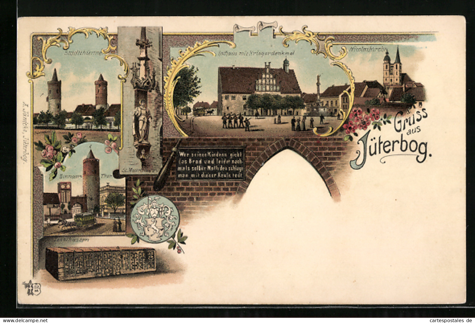 Lithographie Jüterbog, Rathaus mit Kriegerdenkmal und Nicolaikirche