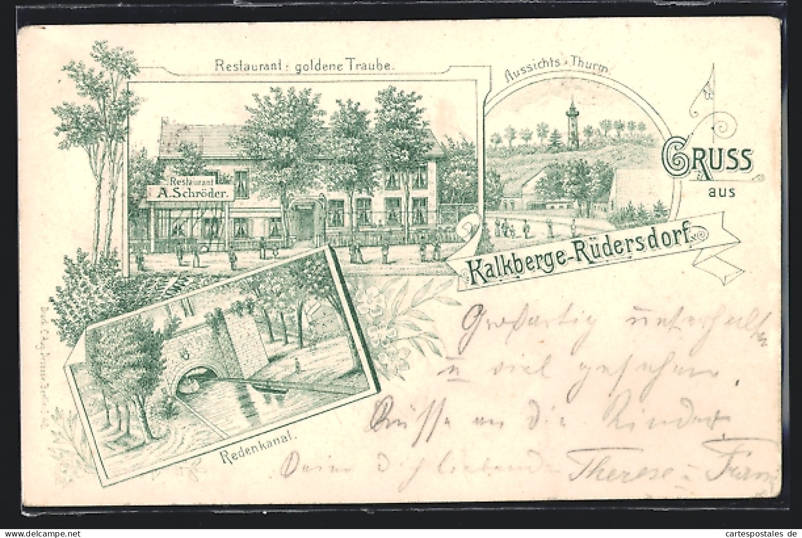 Lithographie Kalkberge-Rüdersdorf, Restaurant goldene Traube, Redenkanal, Aussichtsturm