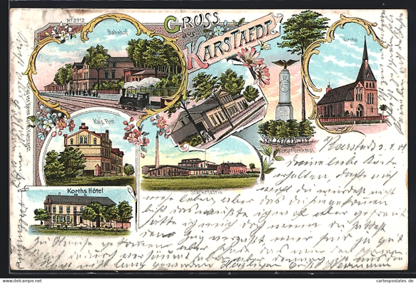 Lithographie Karstädt / Prignitz, Bahnhof, Korths Hotel, Stärkefabrik, Kriegerdenkmal, Kaiserliche Post