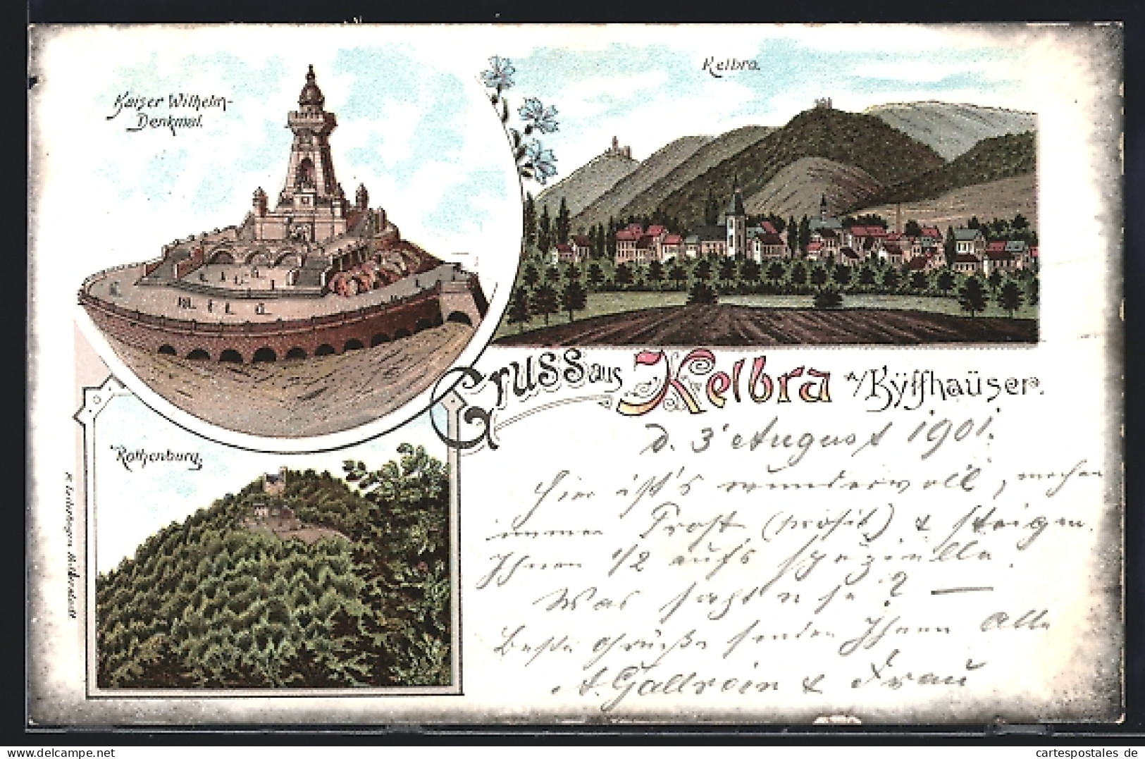 Lithographie Kelbra, Kaiser Wilhelm-Denkmal, Rothenburg, Gesamtansicht