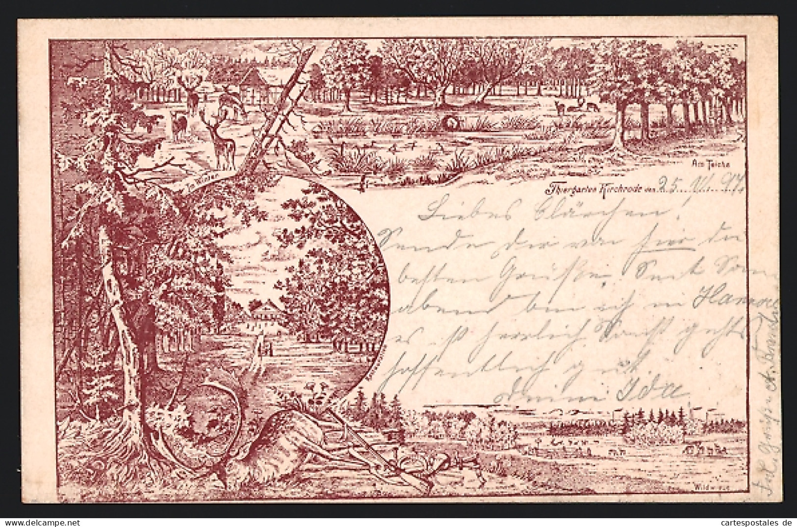 Lithographie Kirchrode, Szenen aus dem Tiergarten, Erlegter Damhirsch und Wildwiese