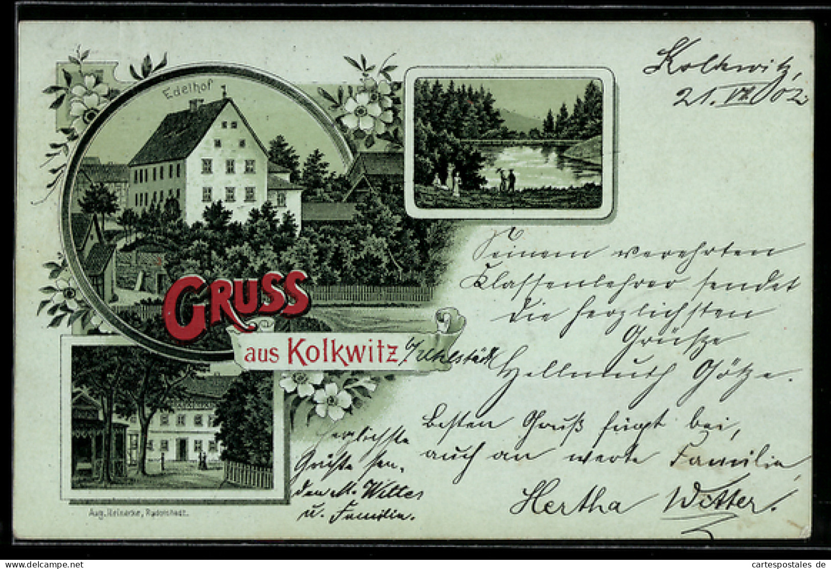 Lithographie Kolkwitz, Edelhof, Pärchen am Ufer, Gebäudeansicht