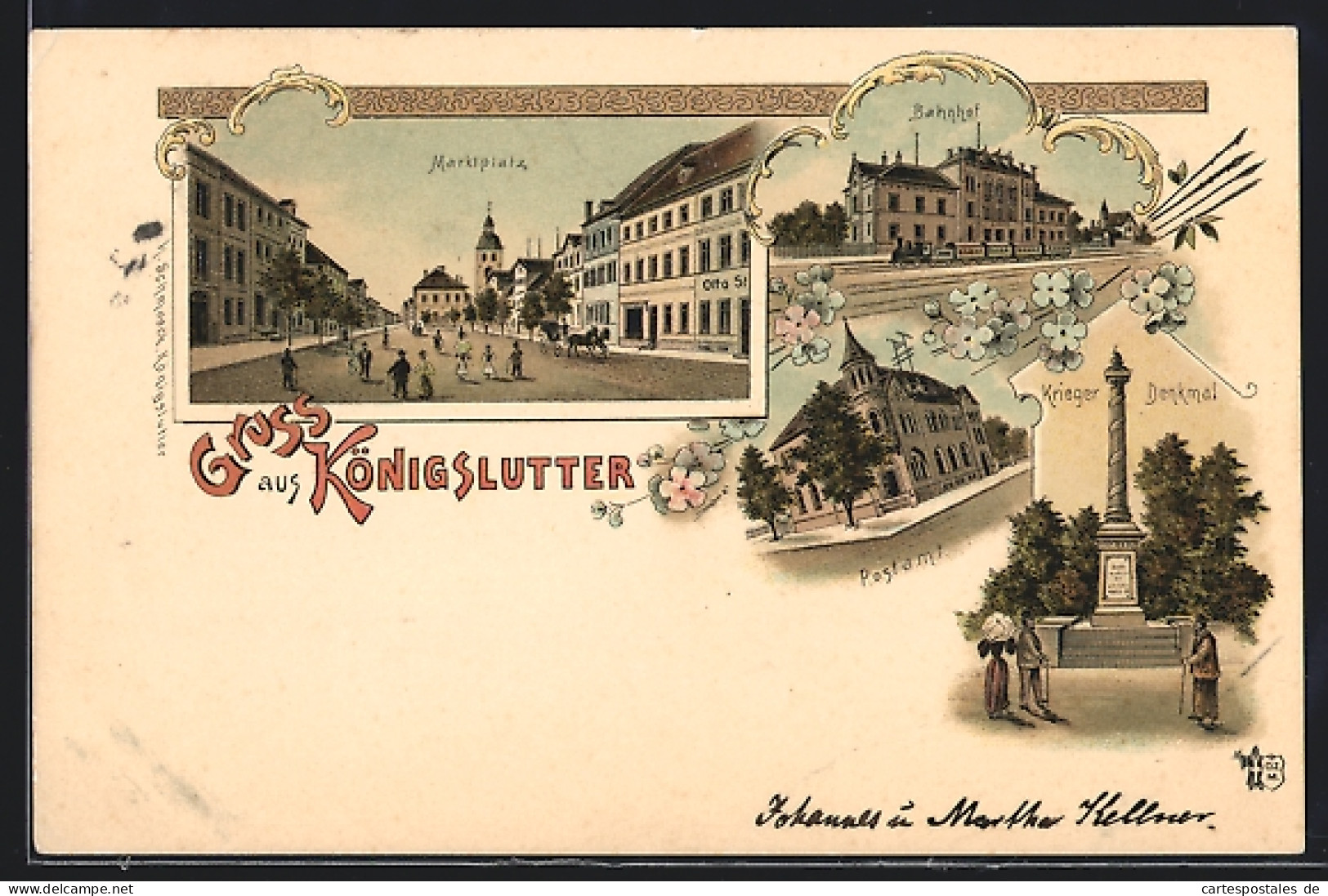 Lithographie Königslutter, Marktplatz, Bahnhof, Krieger-Denkmal, Postamt