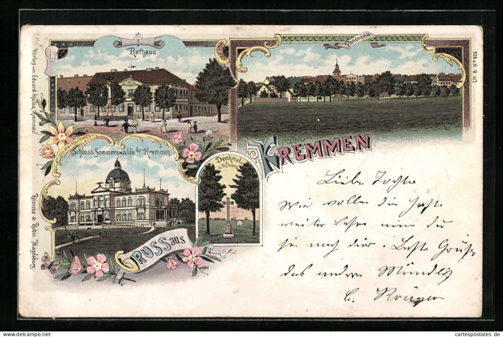Lithographie Kremmen, Rathaus, Schloss Sommerswalde, Panorama