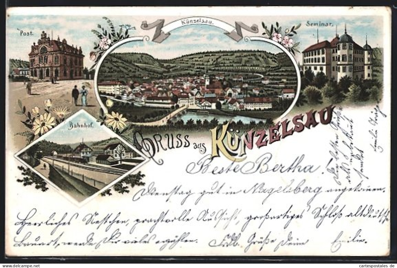 Lithographie Künzelsau, Bahnhof, Seminar, Postamt