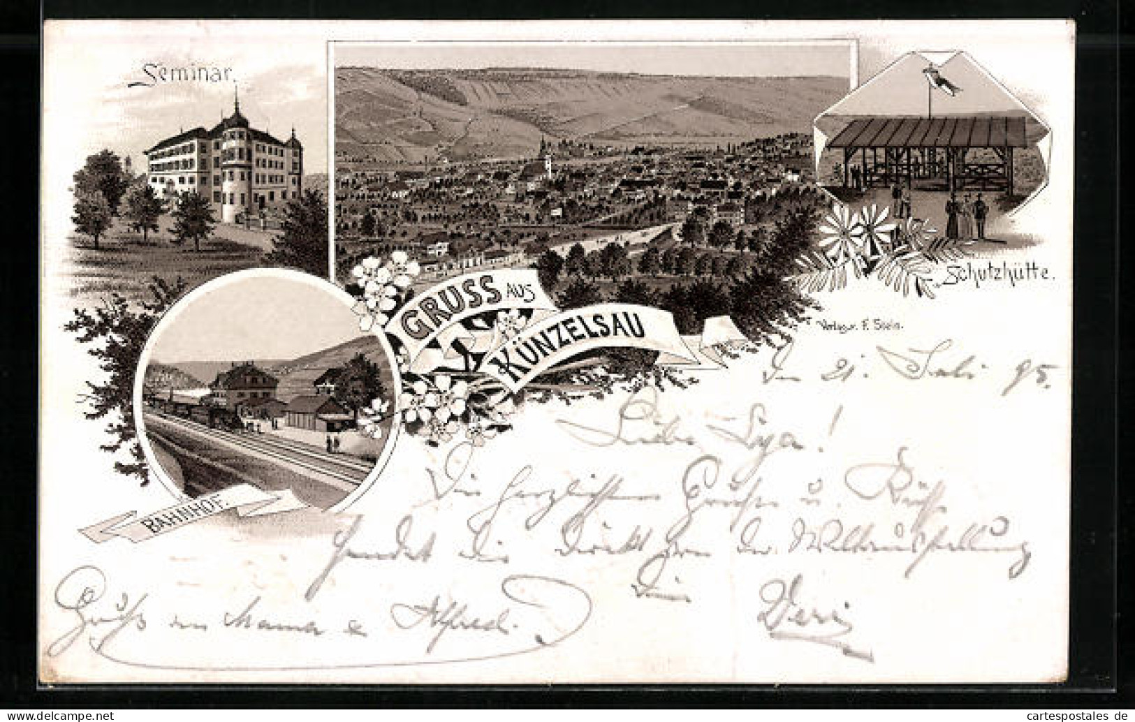 Lithographie Künzelsau, Gesamtansicht, Bahnhof, Seminar und Schutzhütte