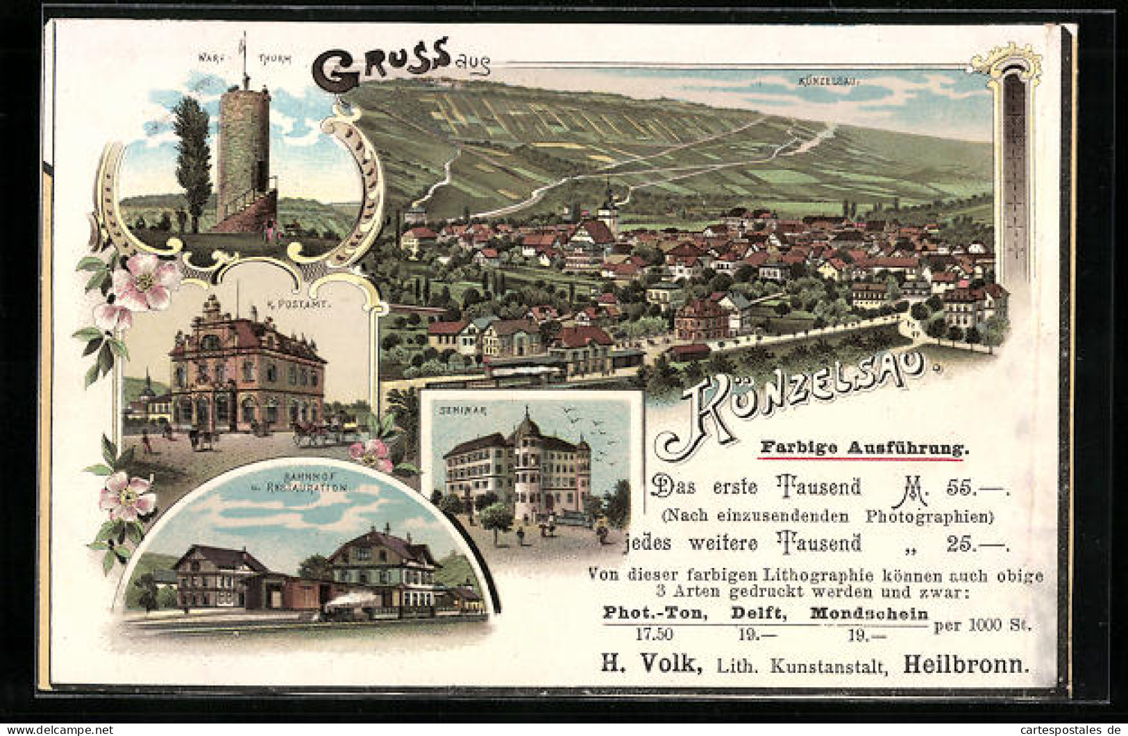 Lithographie Künzelsau, Gesamtansicht, Postamt, Bahnhof und Restauration