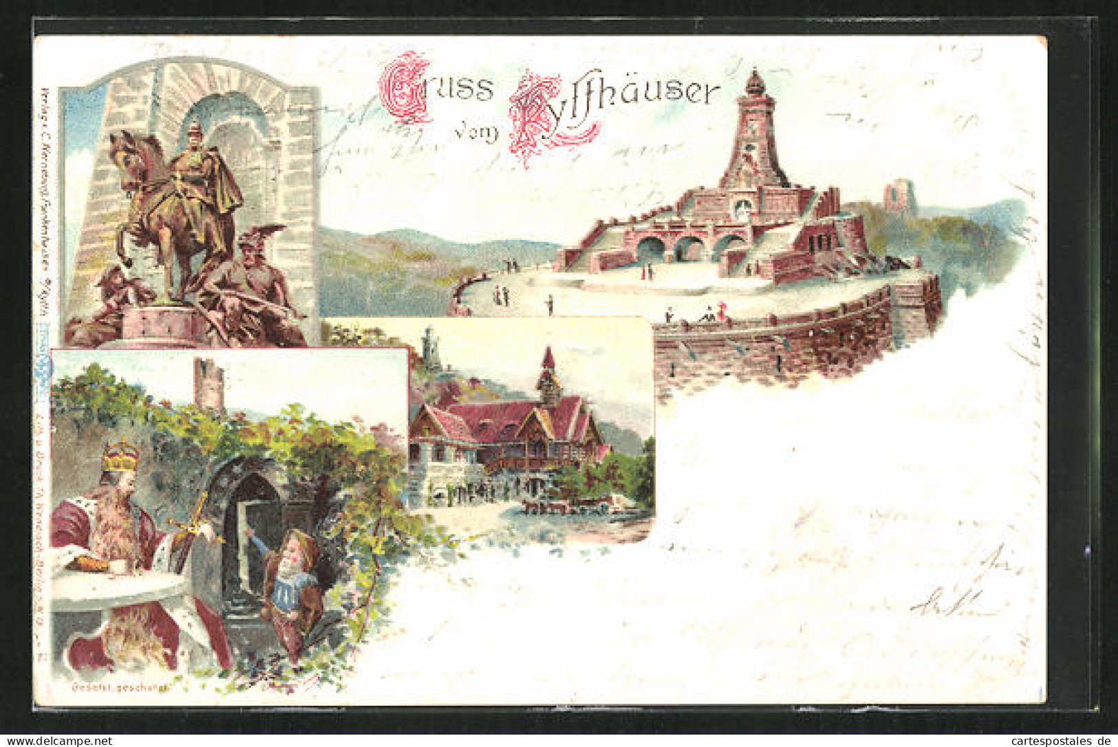 Lithographie Kyffhäuser, Gasthaus, Kyffhäuser-Denkmal, Reiterstandbild