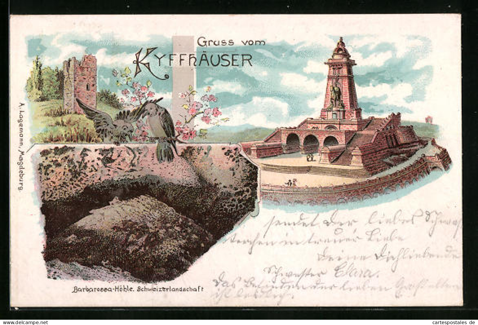 Lithographie Kyffhäuser, Kyffhäuser-Denkmal, Ruine, Schweizerlandschaft mit Barbarossa-Höhle