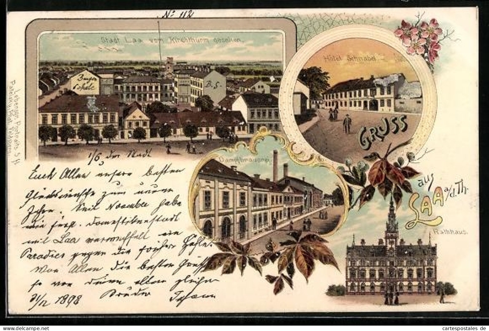 Lithographie Laa an der Thaya, Hotel Schnabel, Dampfbrauerei und Rathaus