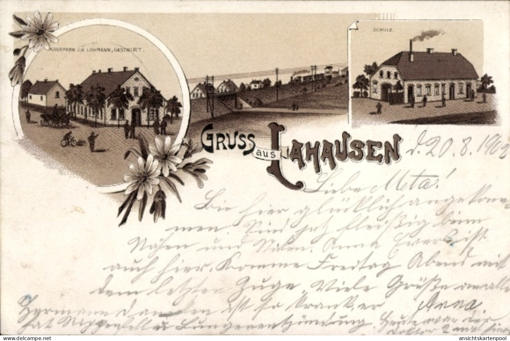 Lithographie Lahausen Weyhe Niedersachsen, Kaufmann und Gasthaus Lohmann, Schule