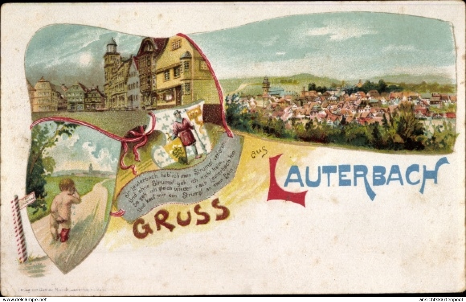 Lithographie Lauterbach an der Lauter Vogelsbergkreis, Strumpf verloren, weinendes Kind, Panorama