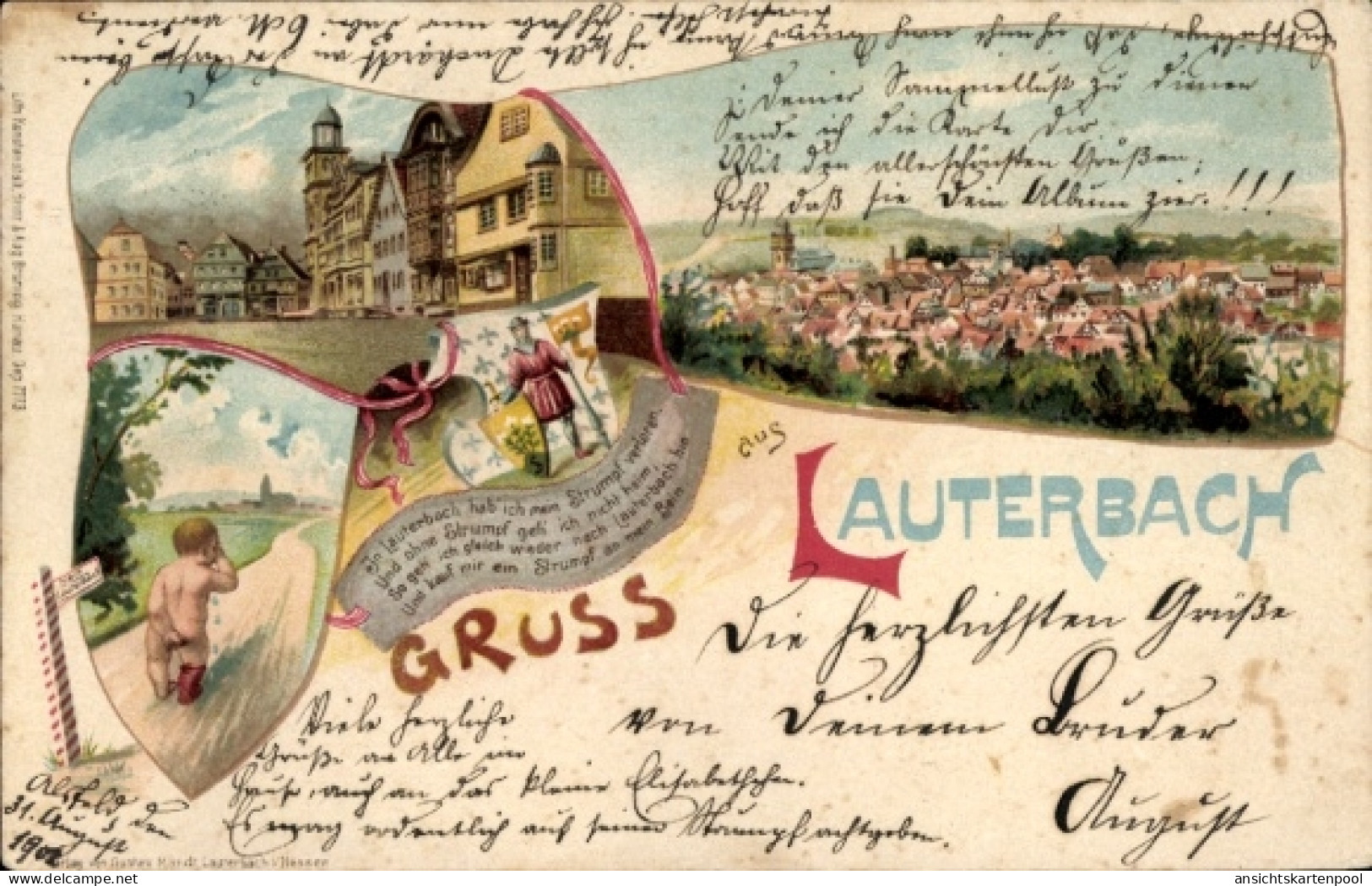 Lithographie Lauterbach an der Lauter Vogelsbergkreis, Strumpf verloren, weinendes Kind, Panorama