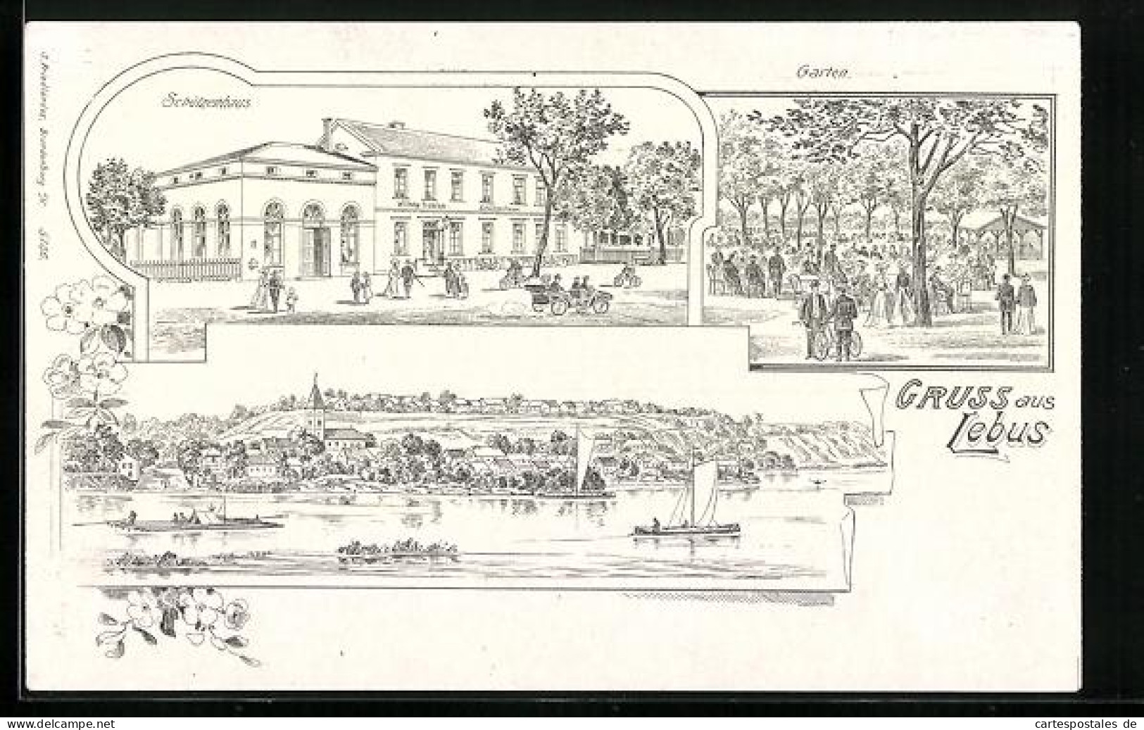 Lithographie Lebus, Gasthof Schützenhaus von Wilhelm Fröhlich, Flusspartie mit Blick auf den Ort