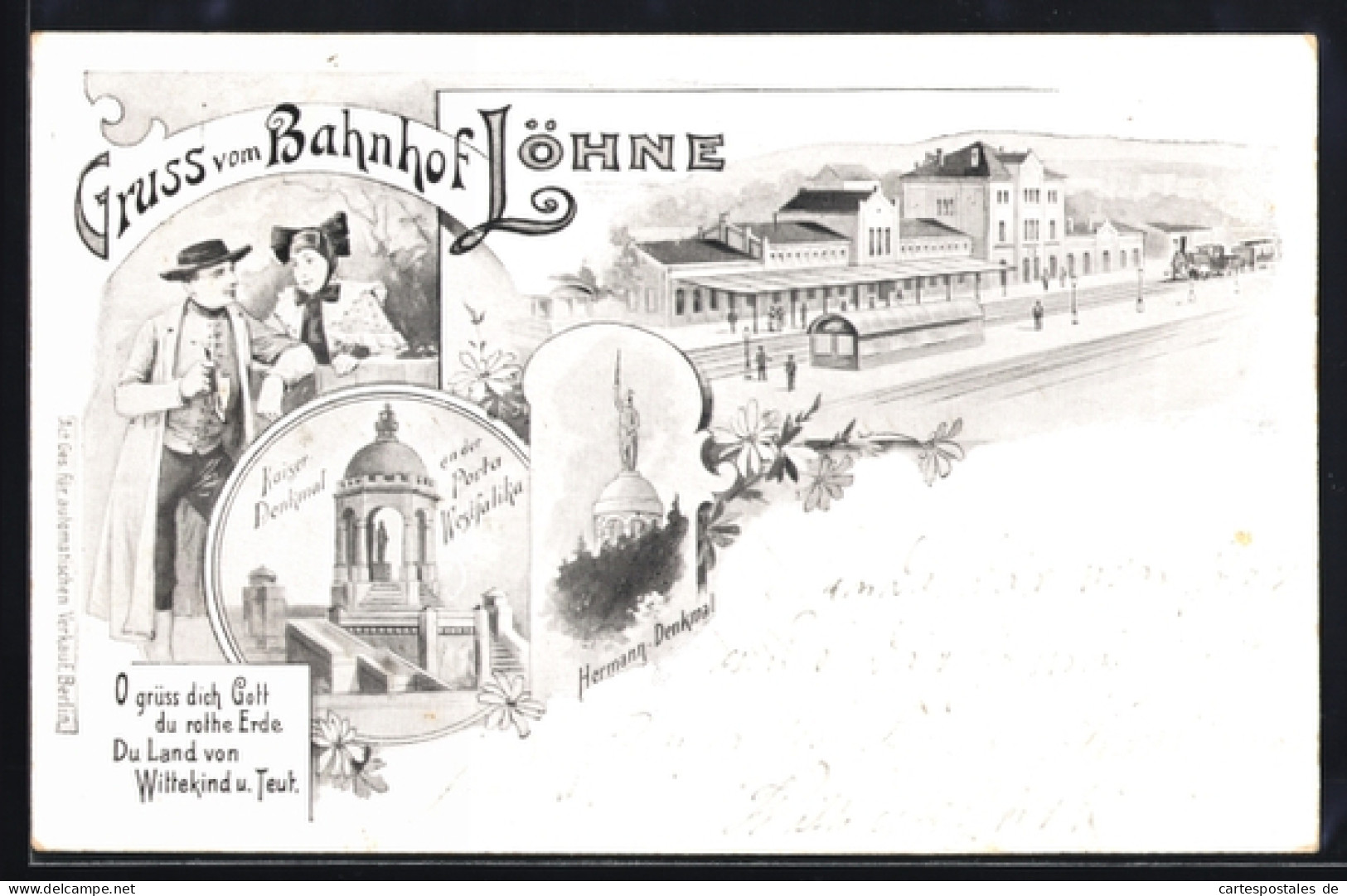 Lithographie Löhne, Bahnhof, Kaiserdenkmal, Hermann-Denkmal