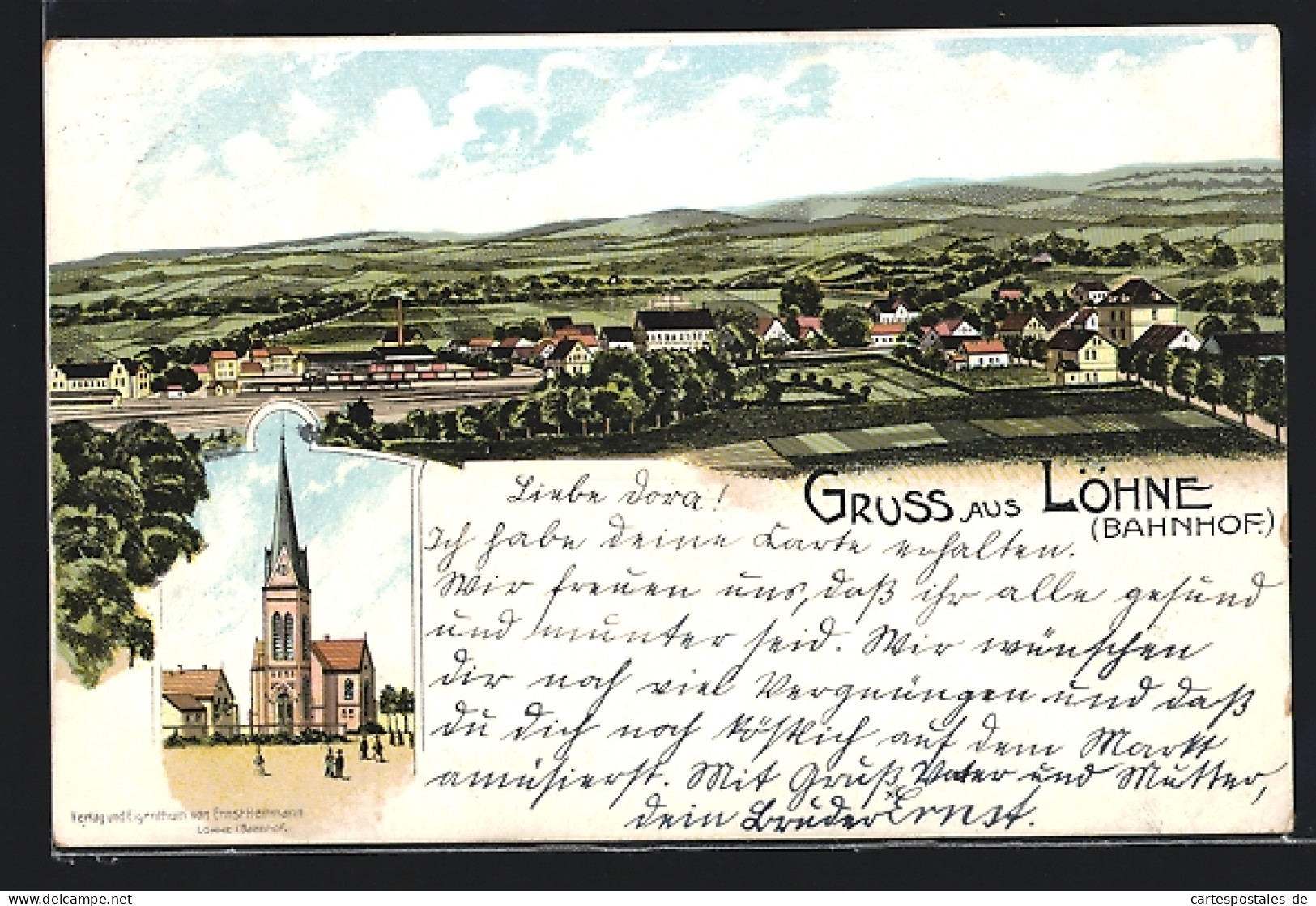 Lithographie Löhne /Bahnhof, Platz mit Kirche, Gesamtansicht mit Fernblick