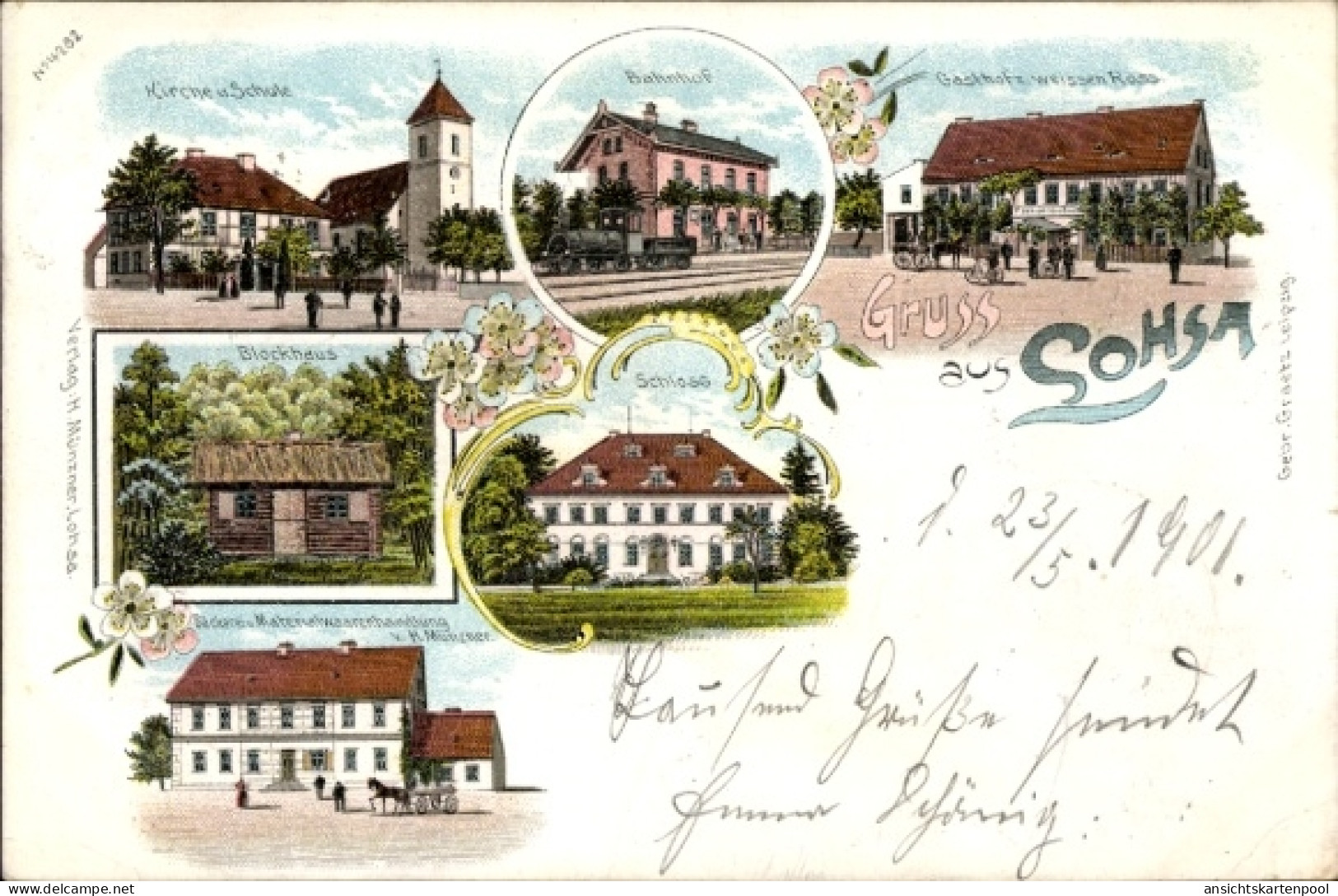 Lithographie Lohsa in der Oberlausitz, Kirche, Schule, Blockhaus, Schloss, Bahnhof, Gasthof zum weißen Ross