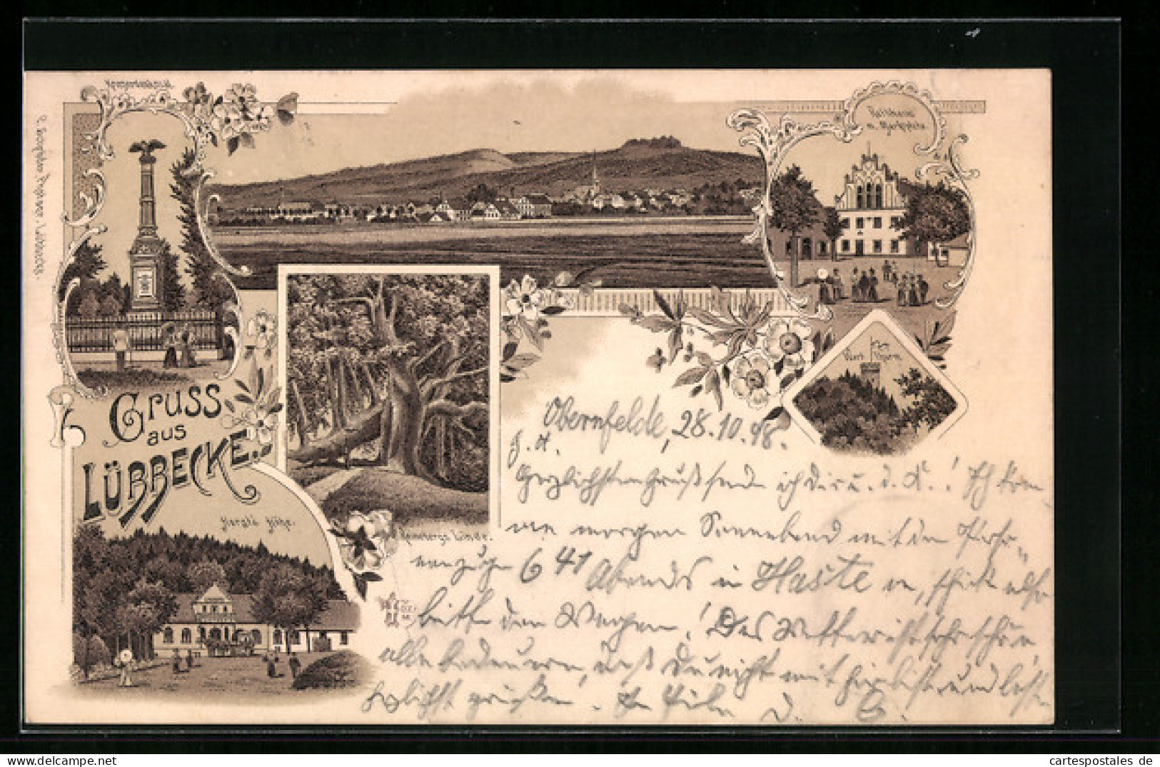 Lithographie Lübbecke, Gasthaus Horst`s Höhe, Rathaus mit Marktplatz, Kriegerdenkmal