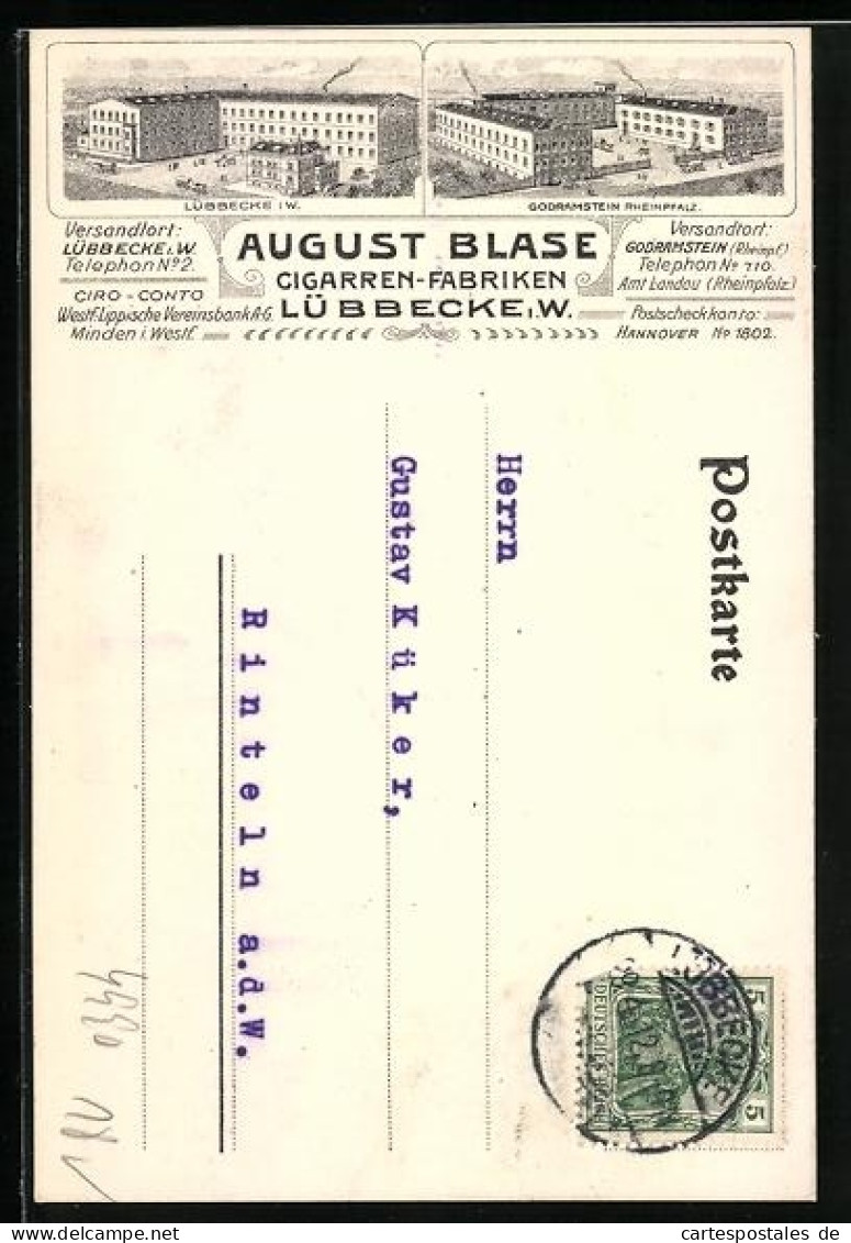 Lithographie Lübbecke /W., Cigarren-Fabriken August Blase in Lübbecke u. Goldramstein, Gebäude, Bestellung
