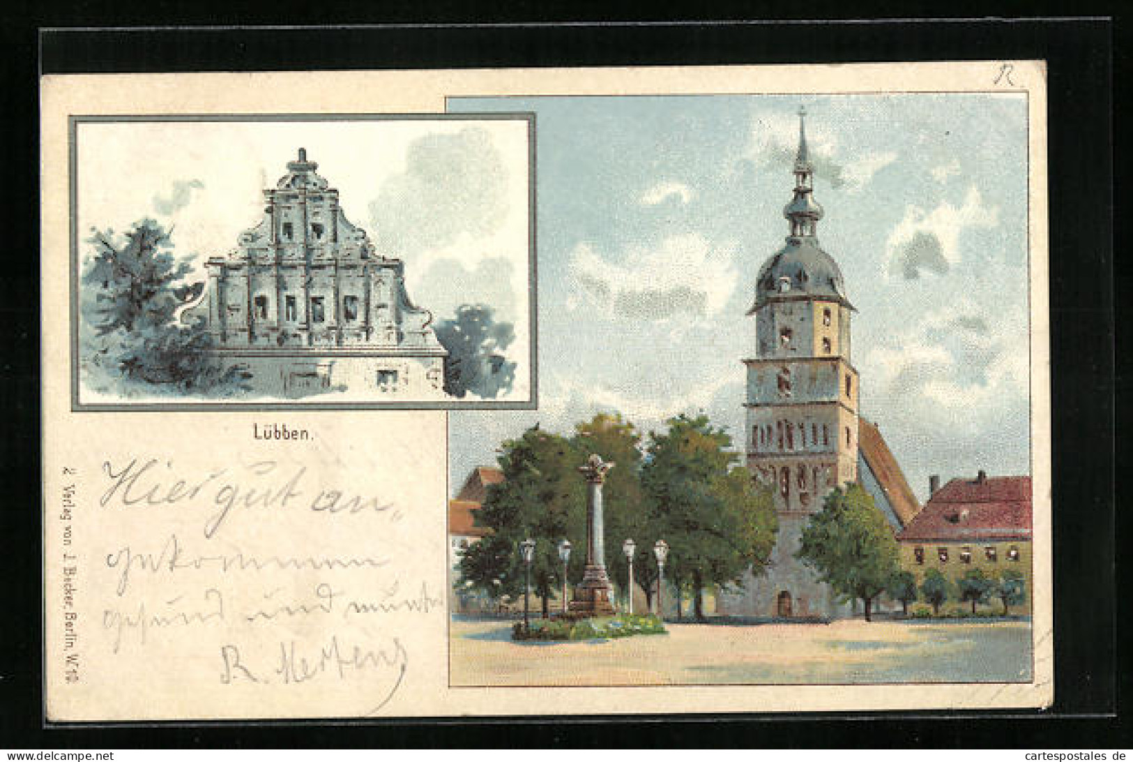 Lithographie Lübben, Kirche und Denkmal, kunstvoller Giebel