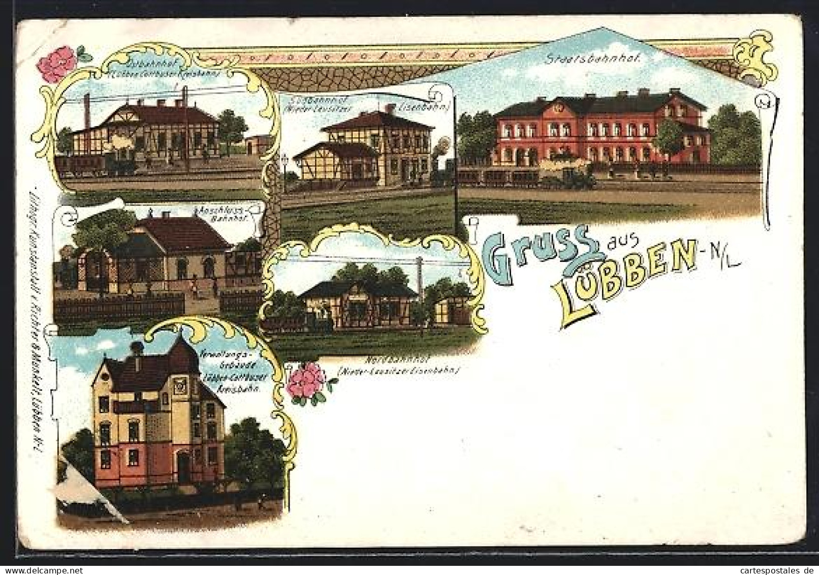 Lithographie Lübben /N.-L., Verwaltungs-Gebäude Lübben Cottbuser Kreisbahn, Staatsbahnhof, Anschluss-Bahnhof