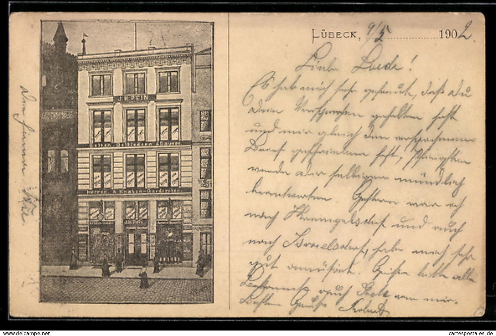 Lithographie Lübeck, Betten- und Herrenmode-Geschäft J. H. Pein