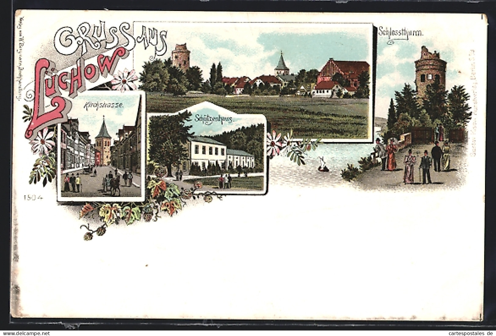 Lithographie Lüchow / Dannenberg, Schützenhaus, Schlossturm, Kirchstrasse