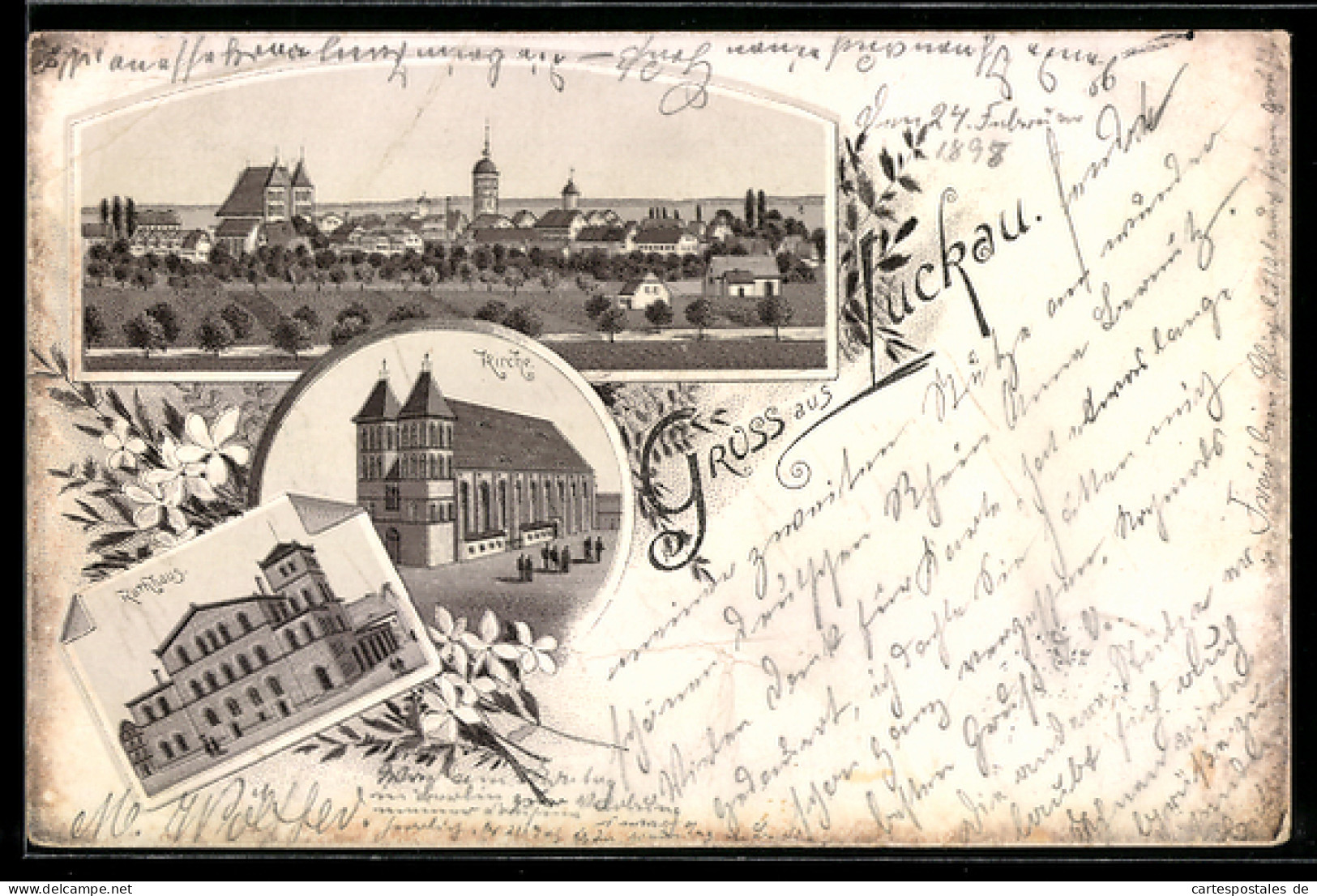 Lithographie Luckau, Totalansicht mit Umgebung, Kirche und Rathaus