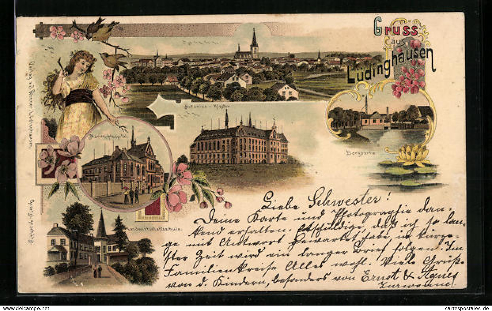 Lithographie Lüdinghausen, Ortsansicht, Antonius-Kloster, Marien-Hospital