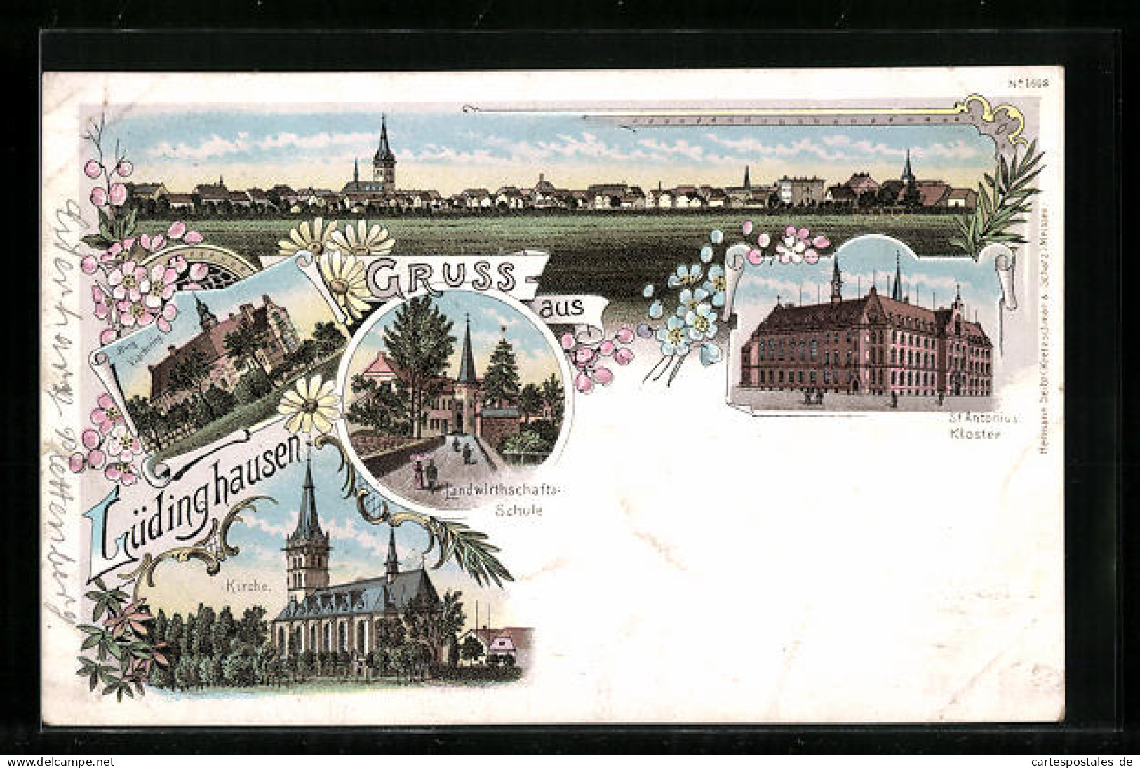 Lithographie Lüdinghausen, Ortsansicht, Landwirtschafts-Schule, St. Antonius-Kloster, Kirche